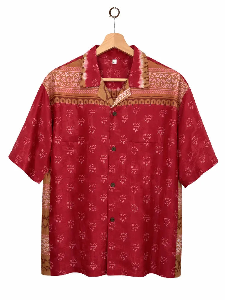 Camicia in Seta Sari Tribale Rosso e Terracotta Unisex - Taglia XL
