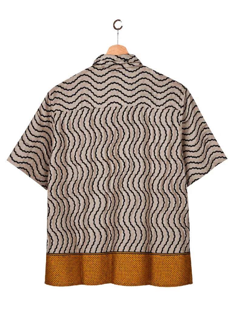 Camicia in Seta Sari Onde Grafiche Beige e Nero Unisex - Taglia L