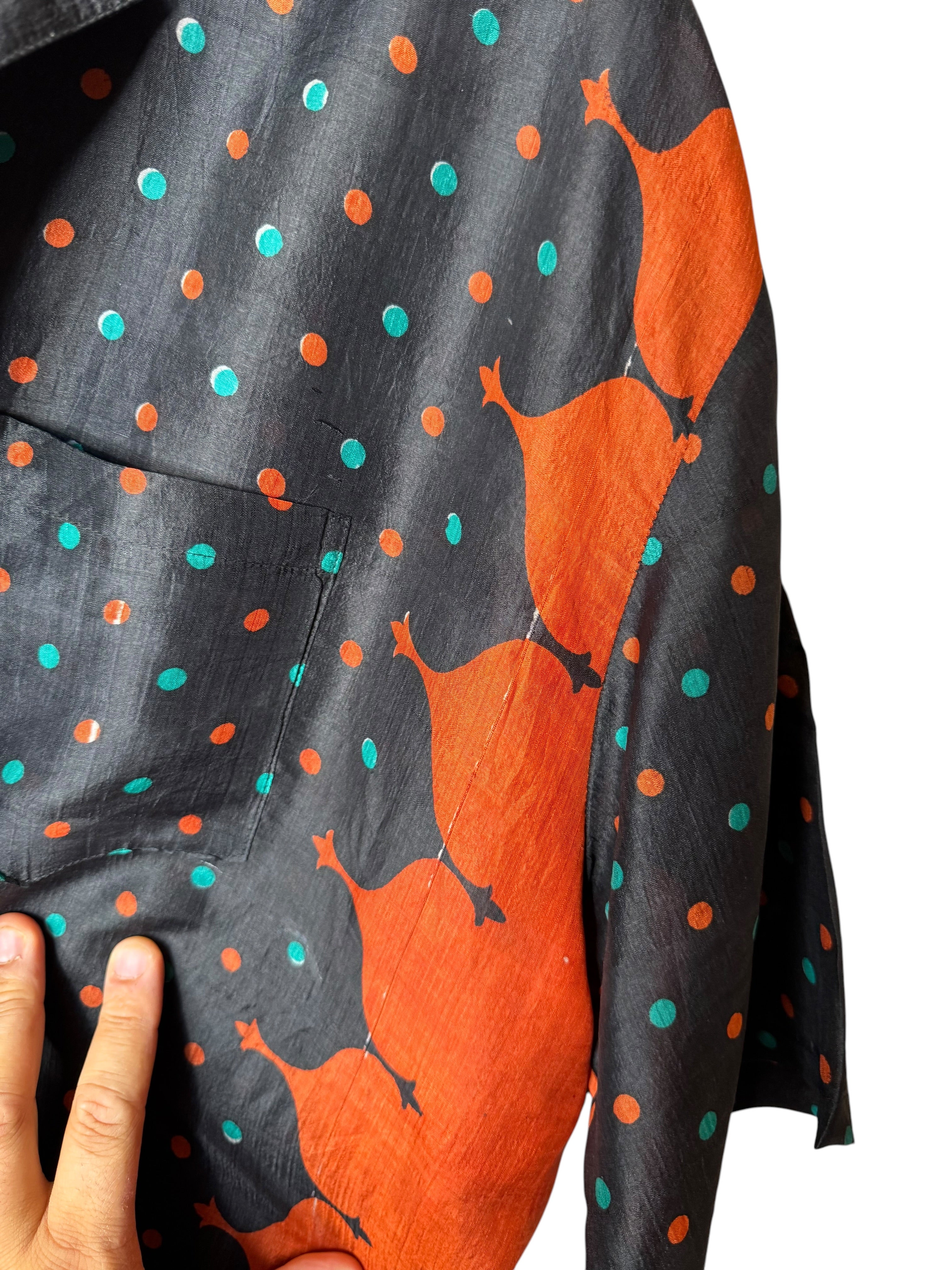Camicia Etnica in Seta Sari Vintage Pois Nero Arancio - Taglia L