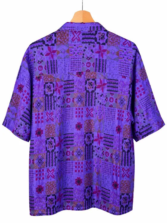 Camicia in Seta Sari Patchwork Geometrico Viola Unisex - Taglia L