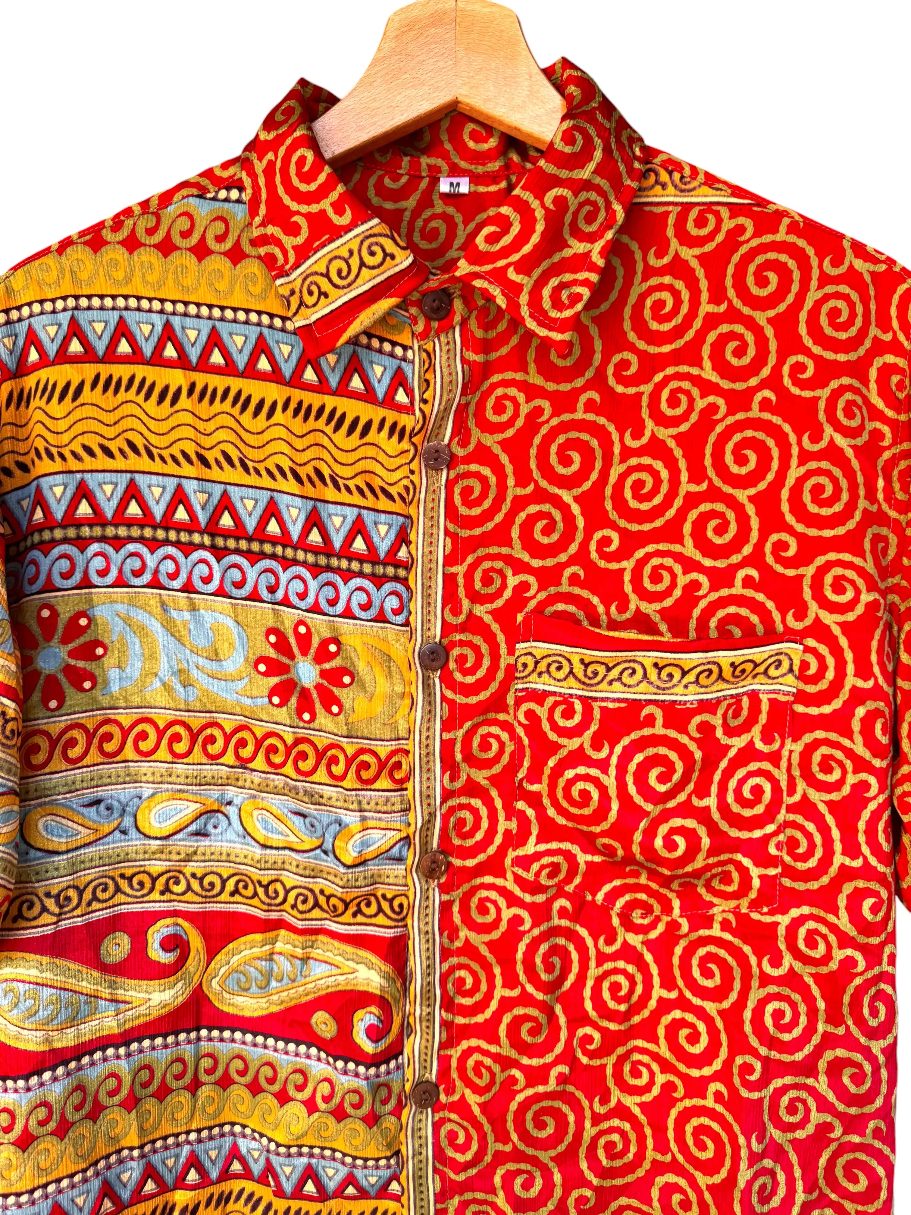 Camicia Etnica Rossa Oro - Spirale Paisley - Boho Unisex - Taglia M