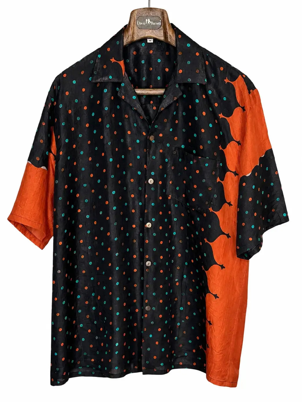 Camicia Etnica in Seta Sari Vintage Pois Nero Arancio - Taglia M