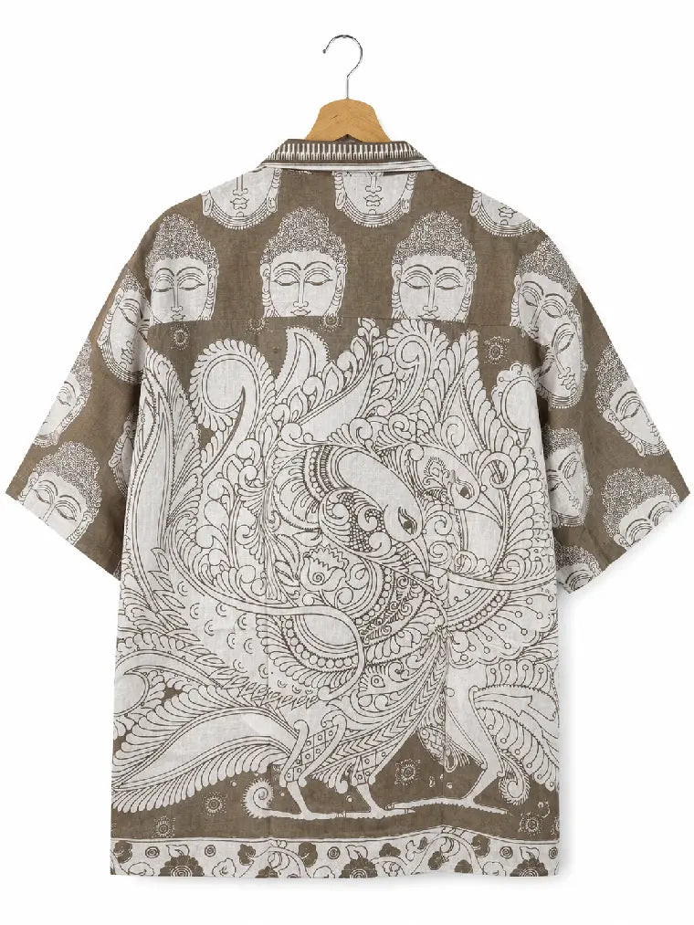 Camicia Kalamkari Block Print Buddha e Pavone Tortora Unisex - Taglia XL CAMICIE PARTICOLARI
