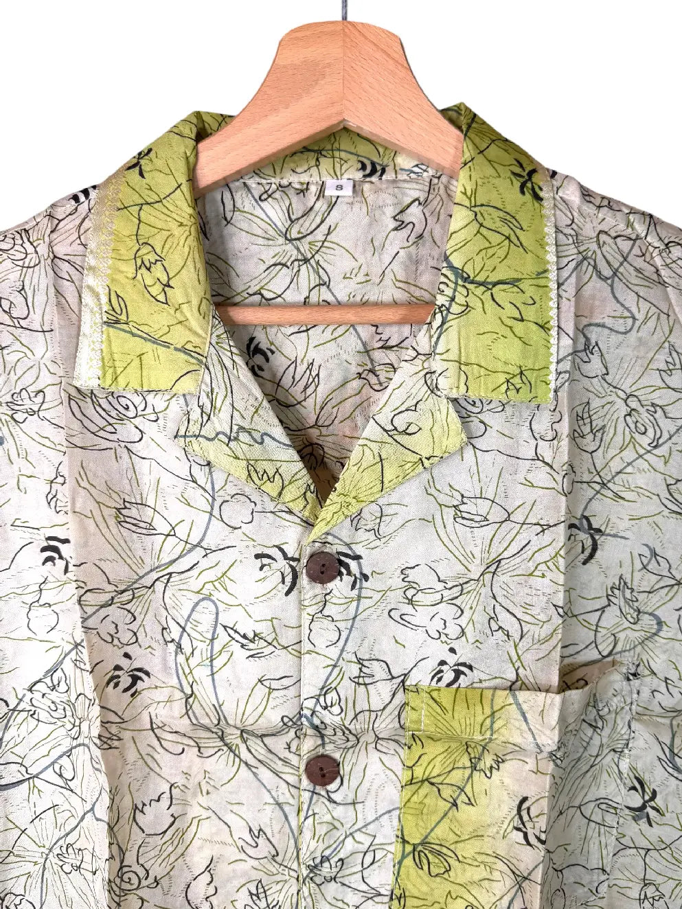 Camicia in Seta Sari Botanico Lineare Avorio e Verde Lime - Taglia S