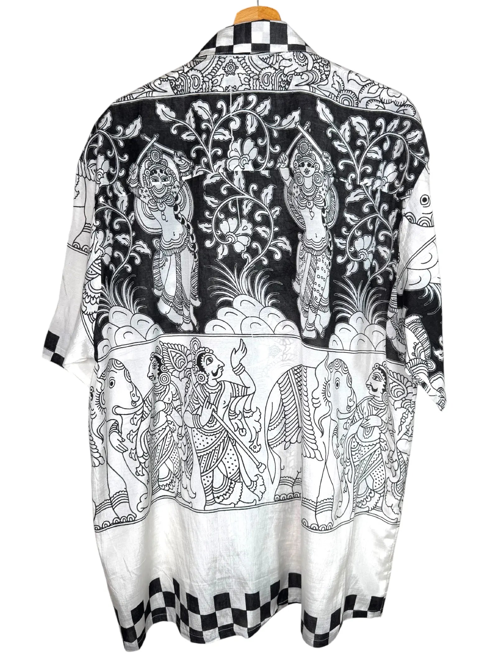 Camicia Etnica Kalamkari Elefanti Cotone Bianco e Nero - L