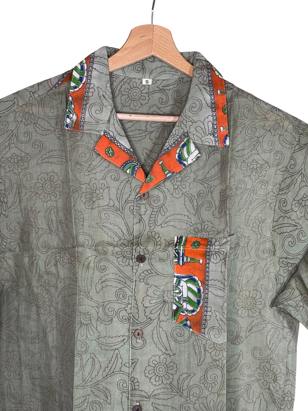 Camicia Sari Block Print Verde Salvia Arancio Unisex - Taglia S CAMICIE PARTICOLARI
