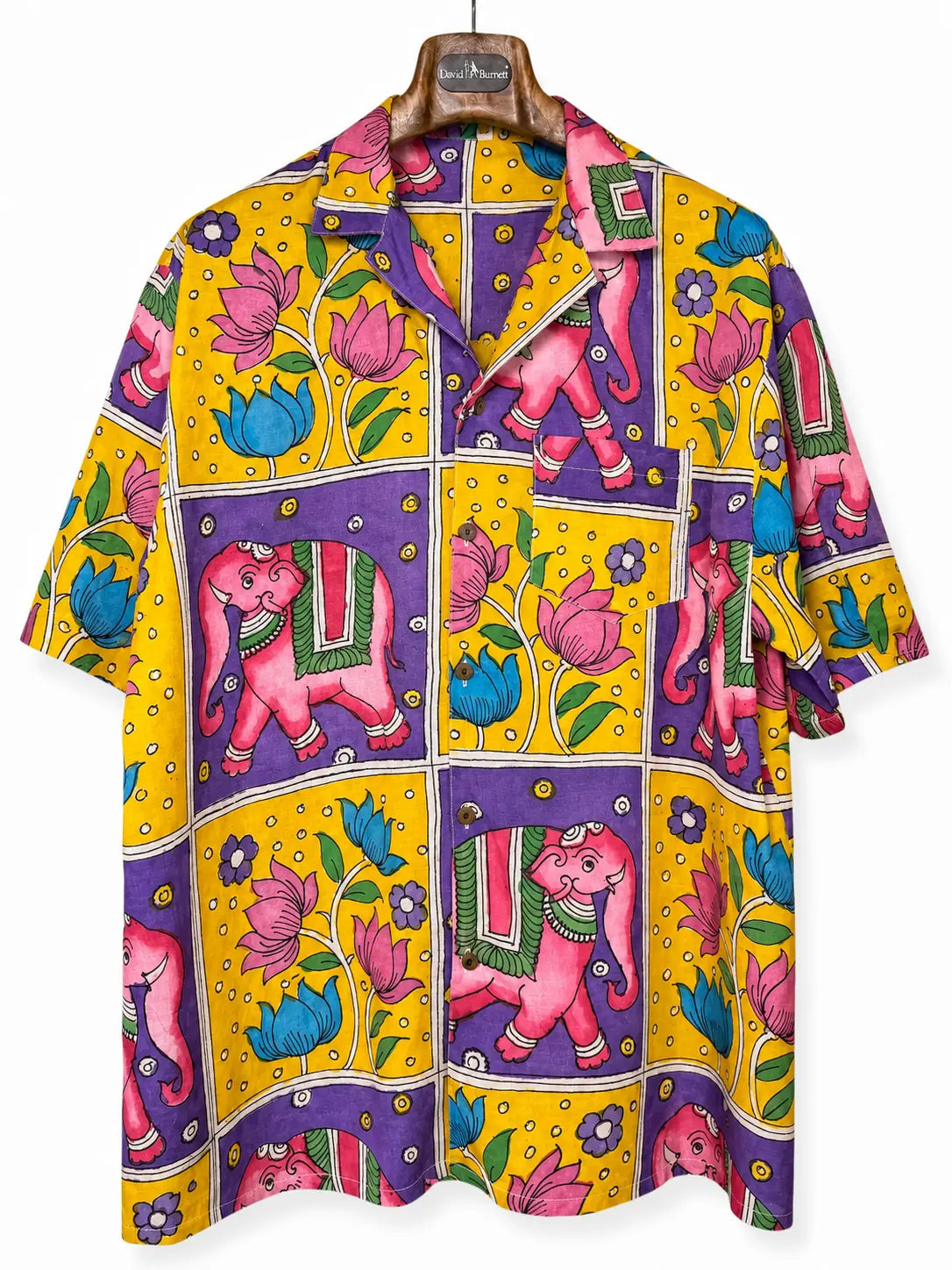 Camicia Etnica Seta Tussar Kalamkari Elefanti Rosa - Tg XL