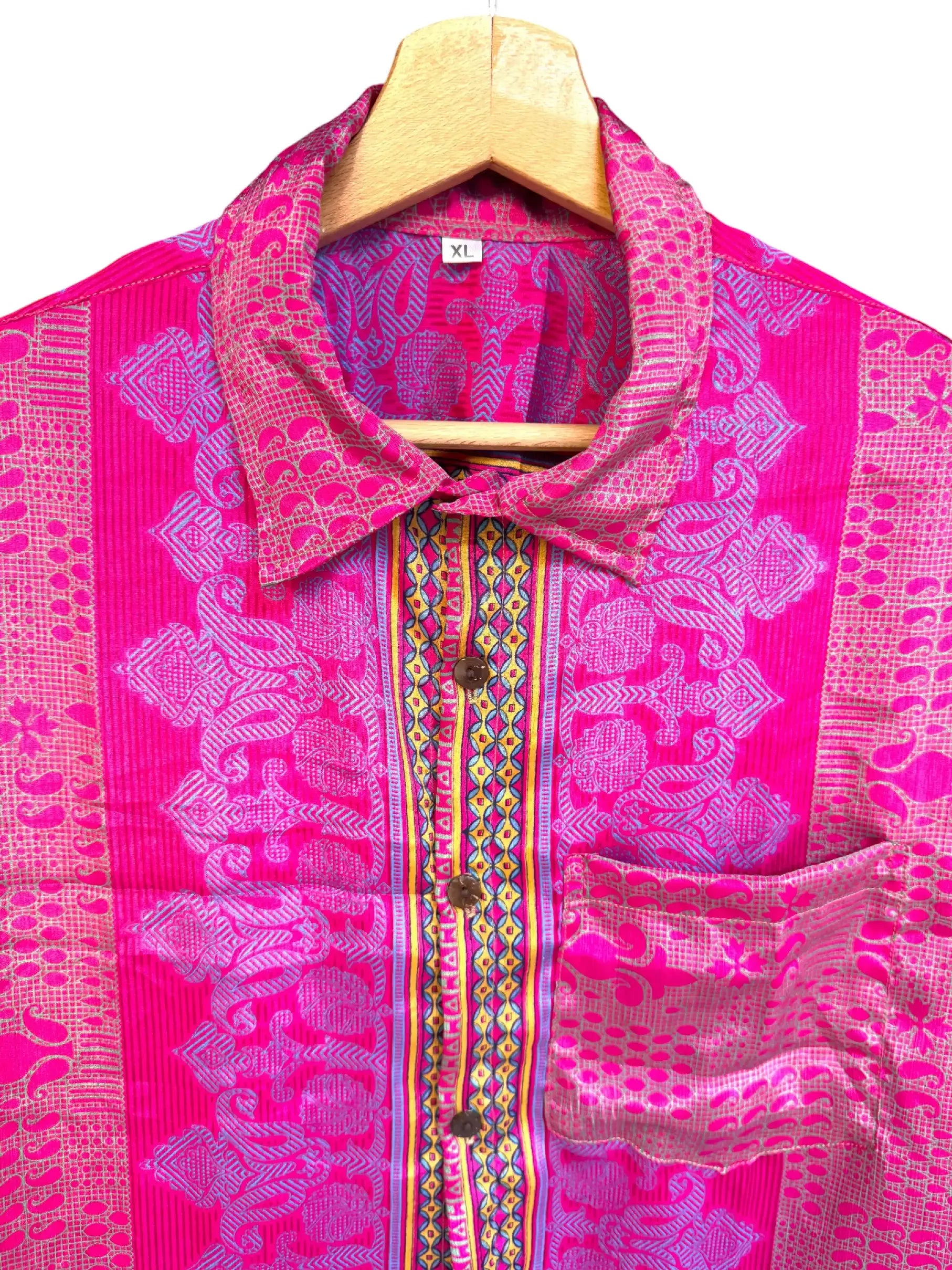 Camicia Etnica Fucsia Neon - Patchwork Paisley Boho Sari - Taglia XL