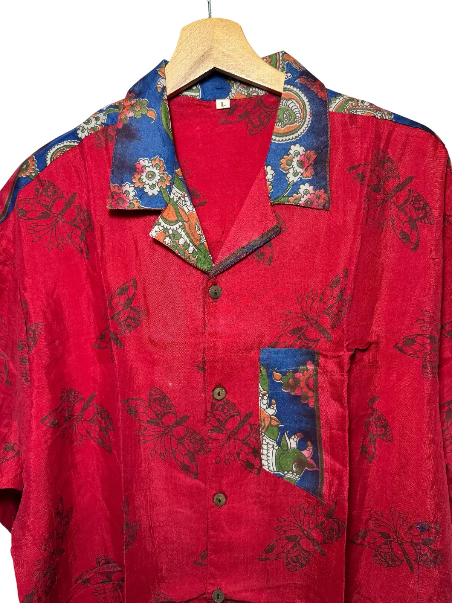 Camicia Etnica Sari Block Print Farfalle Rosso - Taglia L