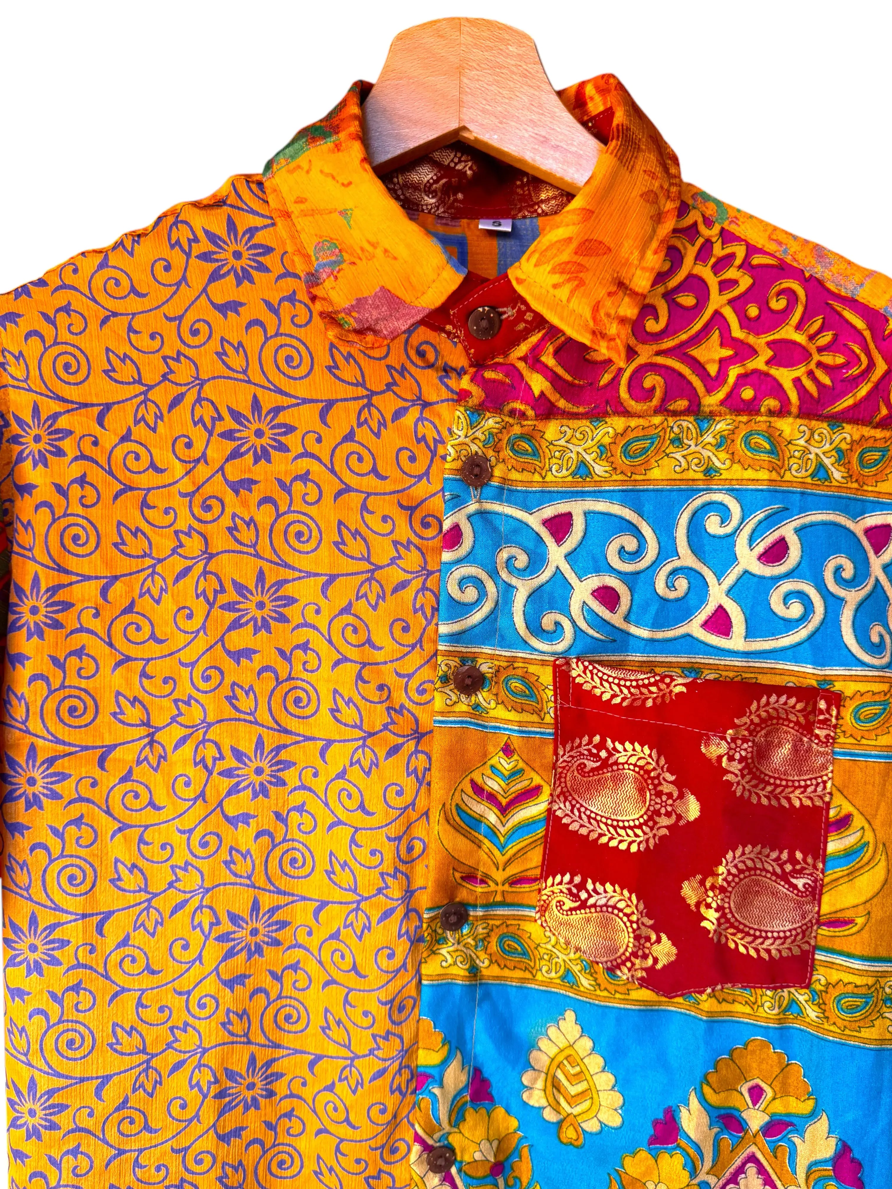 Camicia Patchwork Etnica Arancione e Azzurra Boho Unisex - Taglia S