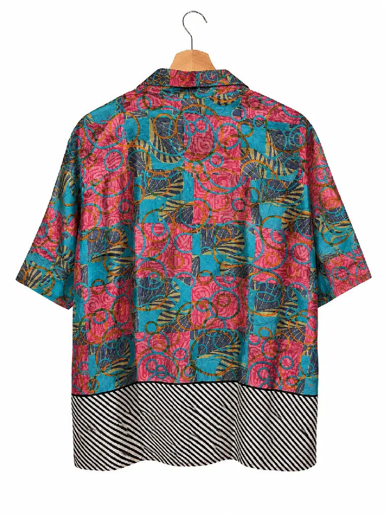 Camicia in Seta Sari Batik Turchese e Fucsia con Righe Unisex - Taglia XL