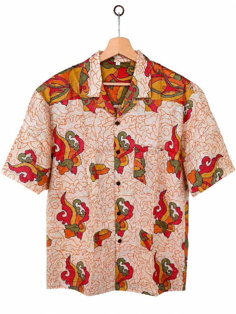 Camicia in Seta Sari Astratto Avorio e Arancio Unisex - Taglia L
