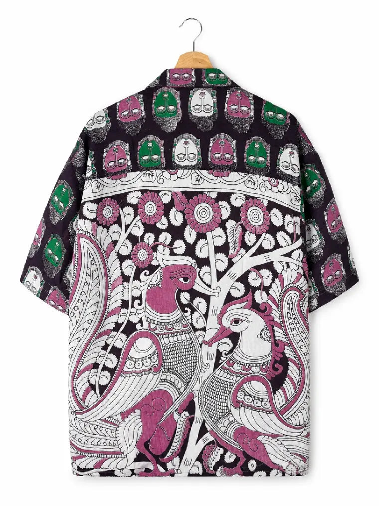 Camicia Kalamkari Block Print Volti Divini e Uccelli Unisex - Taglia XL CAMICIE PARTICOLARI