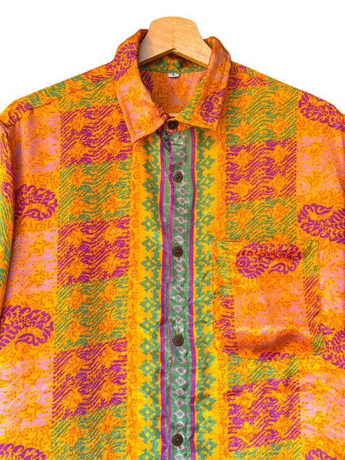 Camicia Etnica Arancio Viola Verde - Paisley Boho Sari - Taglia L