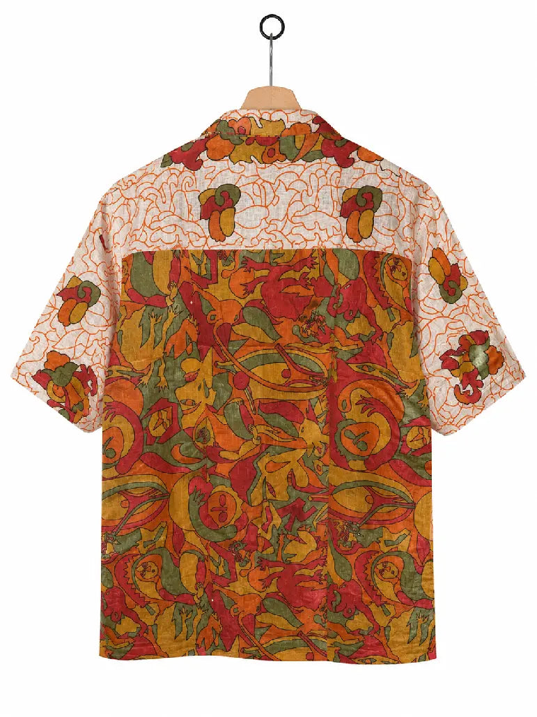 Camicia in Seta Sari Astratto Avorio e Arancio Unisex - Taglia L