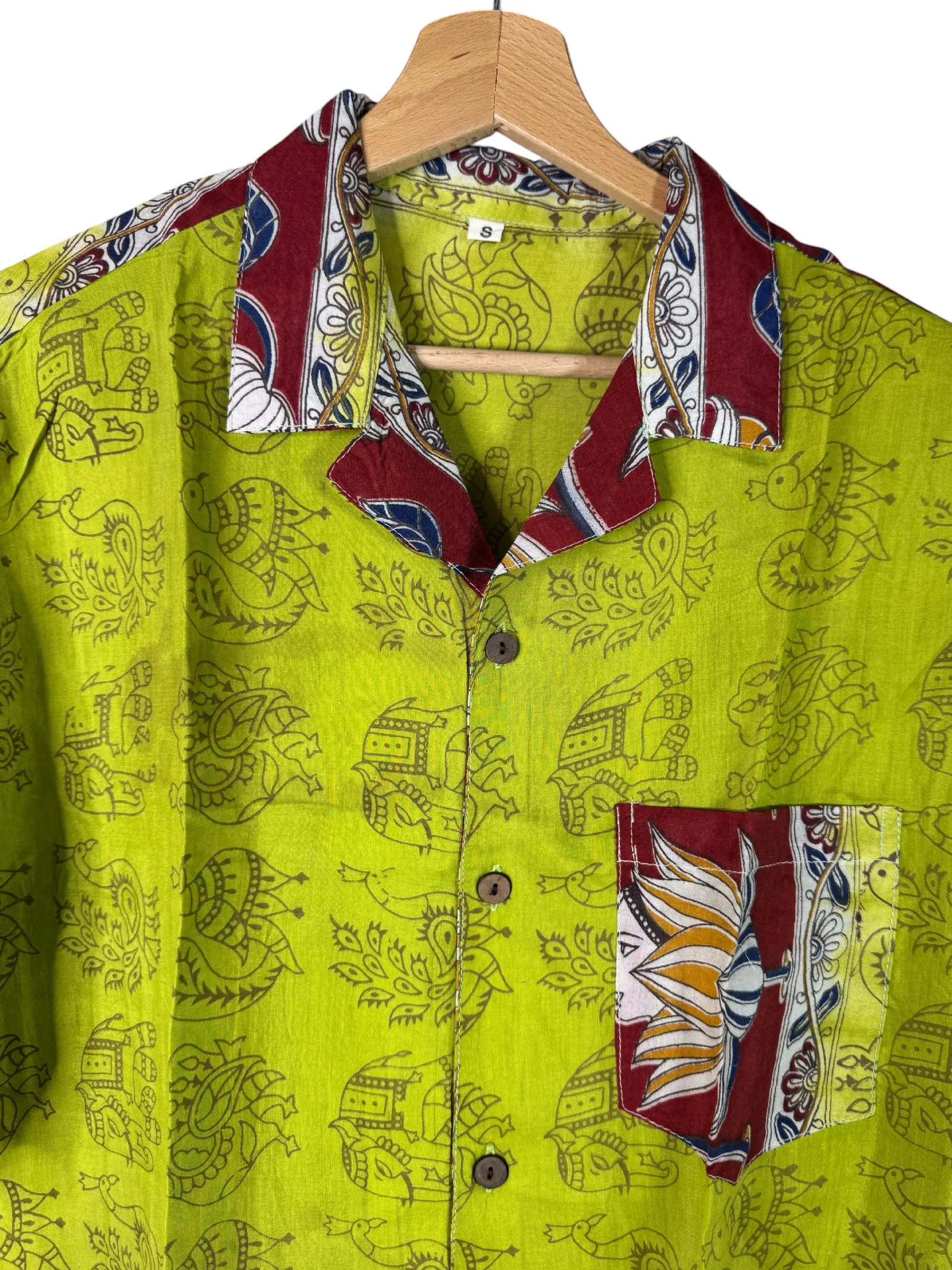 Camicia Unisex Kalamkari Verde Lime con Elefanti - Taglia S CAMICIE PARTICOLARI