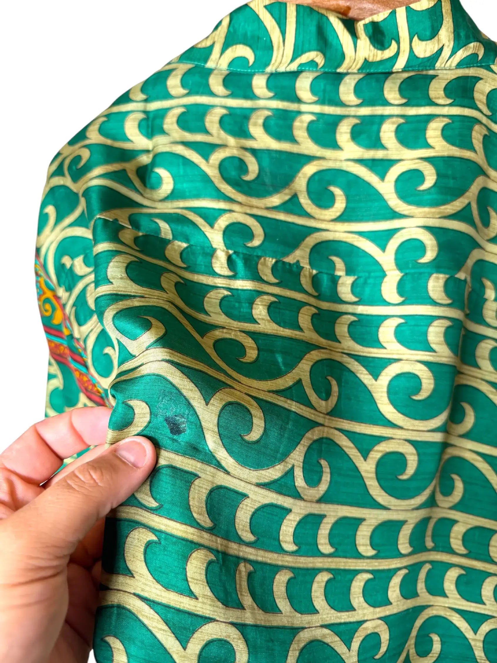 Camicia Etnica in Seta Sari Vintage Onde Verde Smeraldo - Taglia M