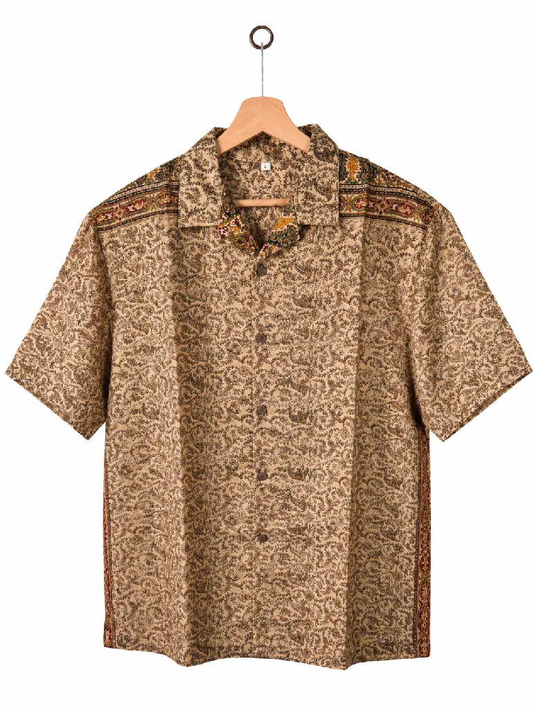 Camicia in Seta Sari Paisley Kashmiri Beige e Oro Unisex - Taglia L