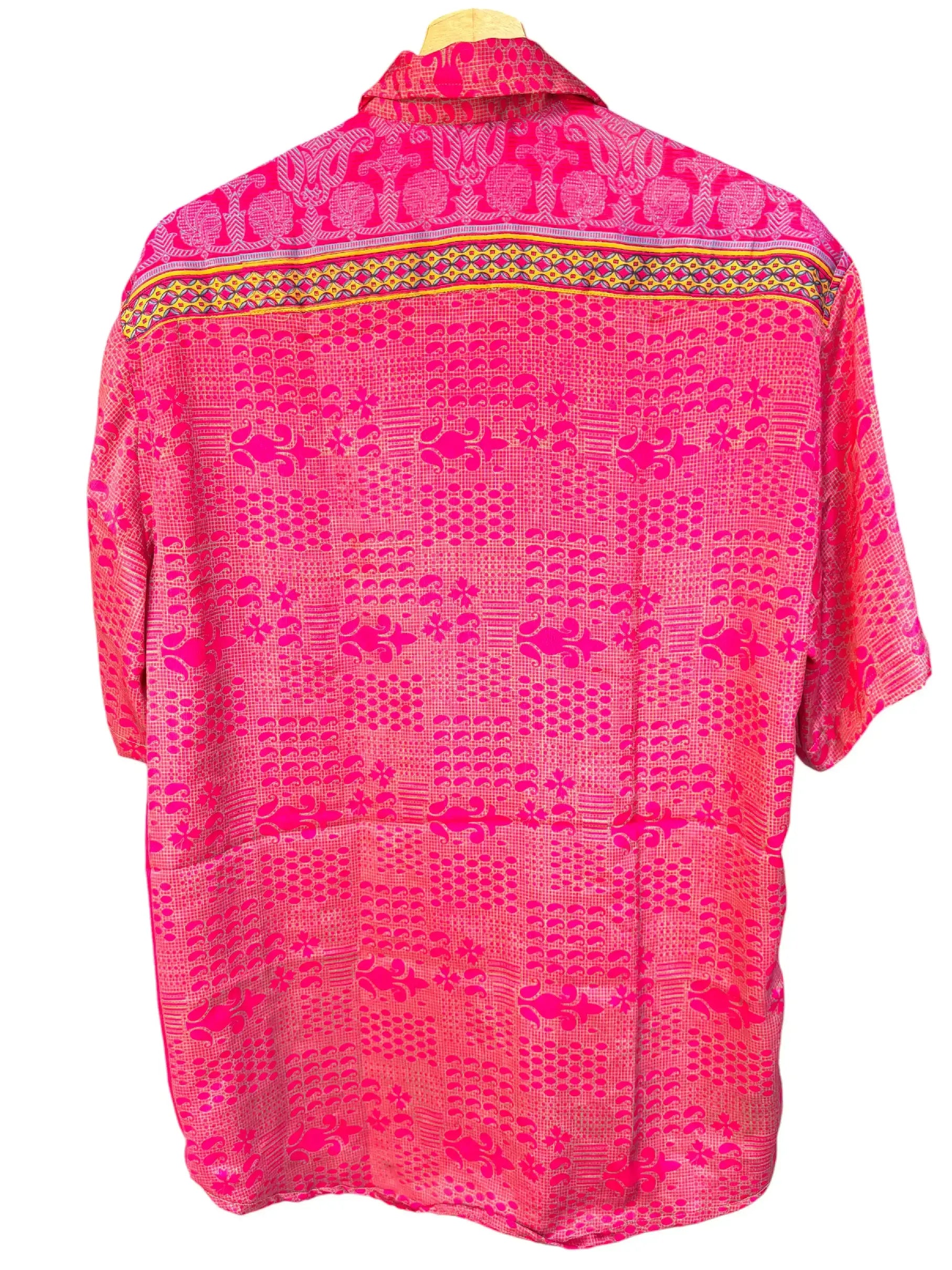 Camicia Etnica Fucsia Neon - Patchwork Paisley Boho Sari - Taglia XL