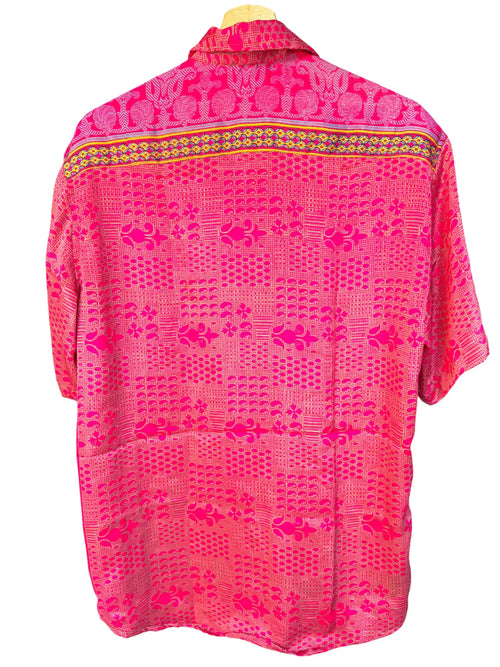 Camicia Etnica Fucsia Neon - Patchwork Paisley Boho Sari - Taglia XL