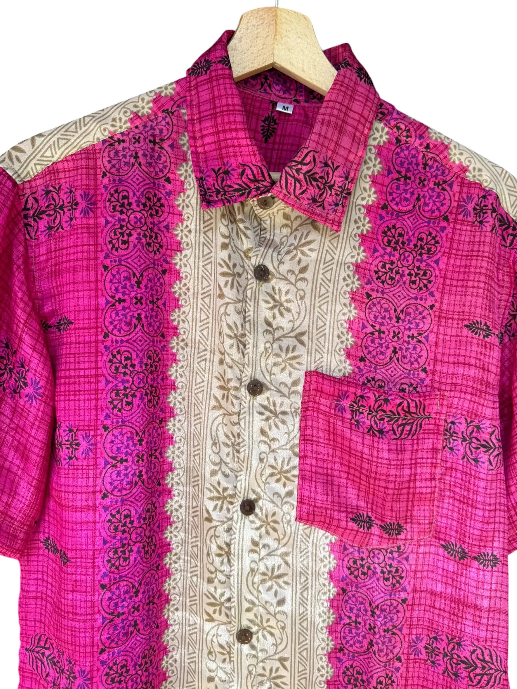 Camicia Floreale Etnica Rosa Vintage Upcycled - Taglia M