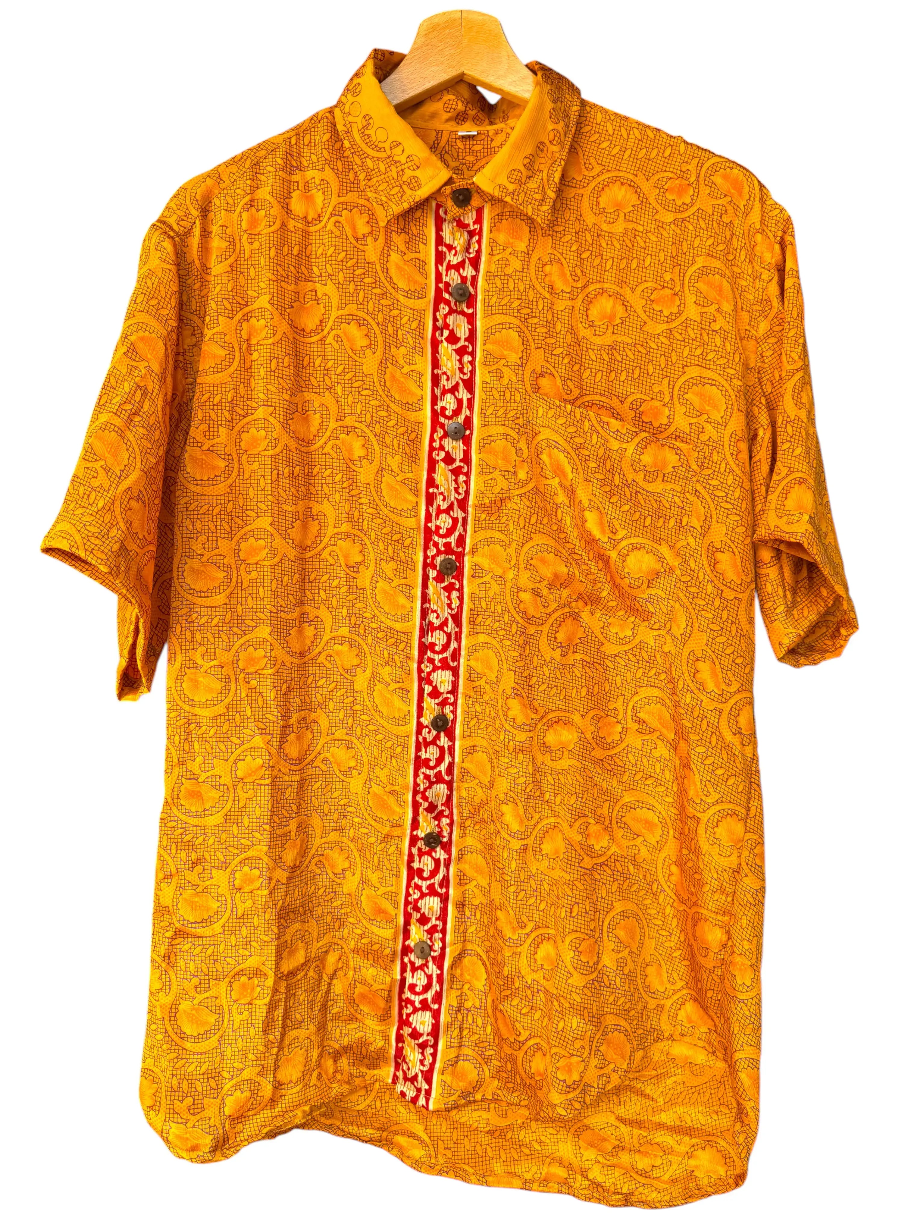 Camicia Etnica Oro Senape - Paisley Rosso Boho Sari - Taglia L