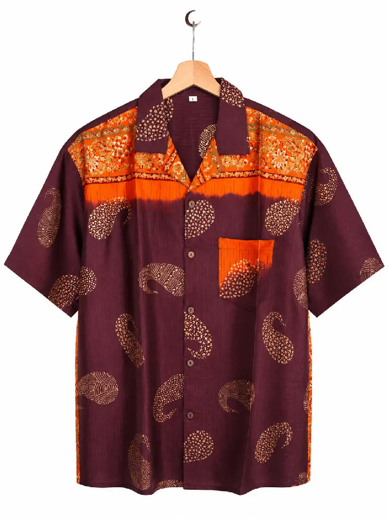 Camicia in Seta Sari Paisley Bordeaux e Arancio Unisex - Taglia L