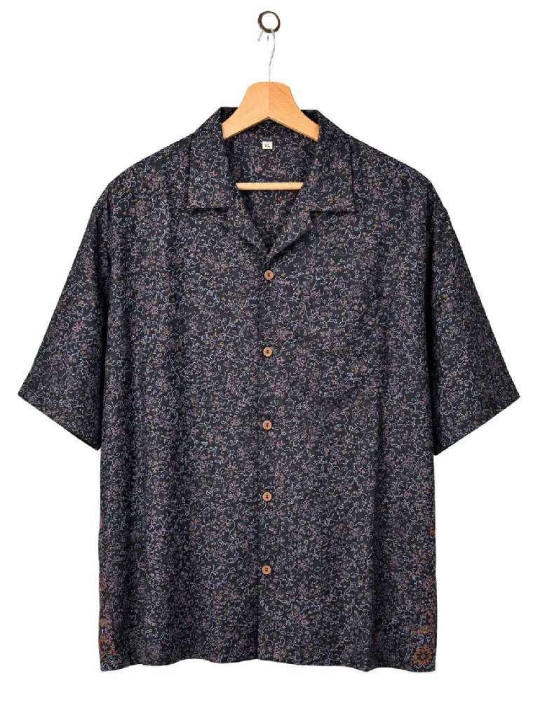 Camicia in Seta Sari Micro Floreale Notturno Nero Unisex - Taglia XL