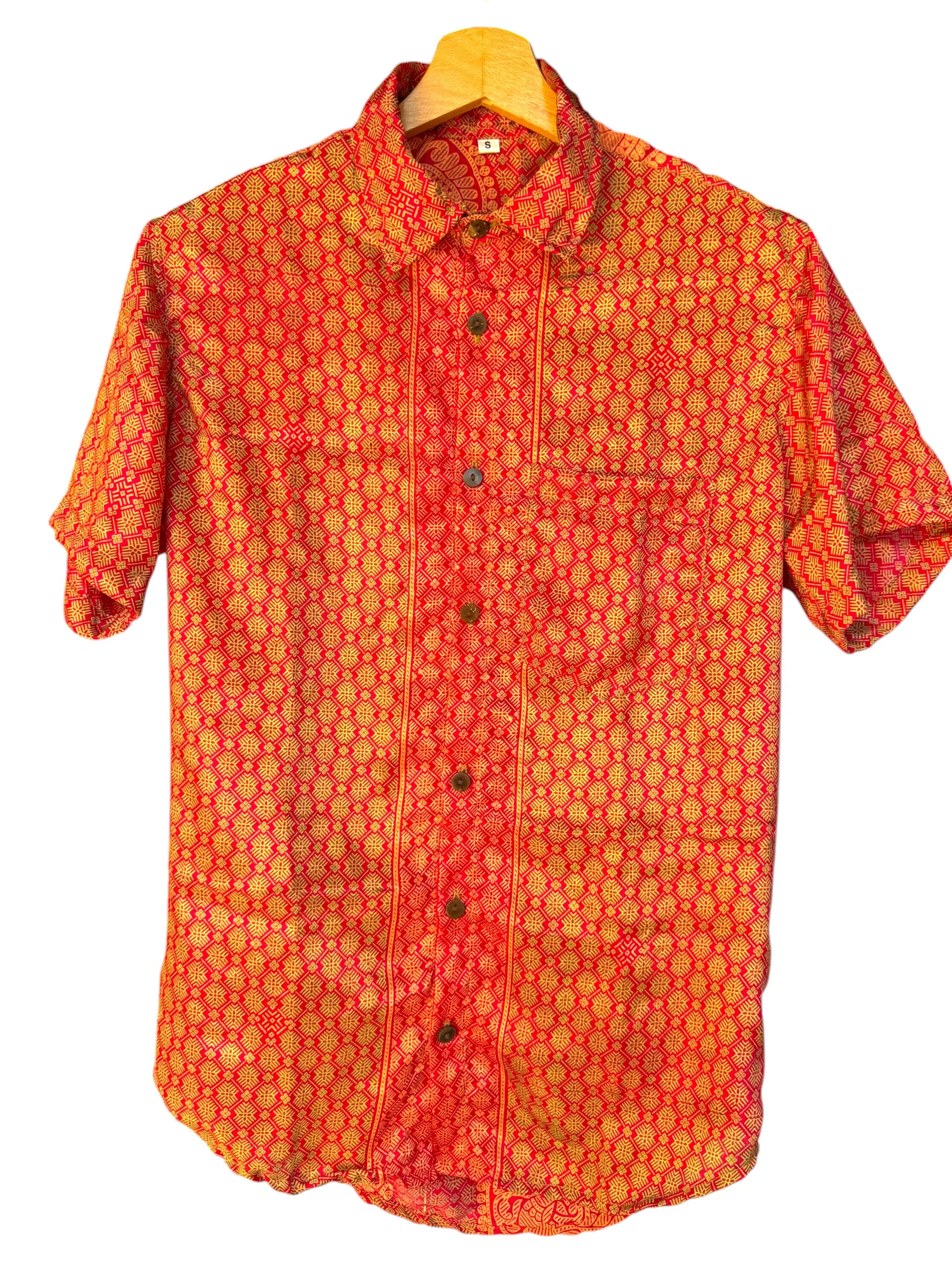 Camicia Vintage Rossa Oro Fantasia Etnica Boho - Taglia S