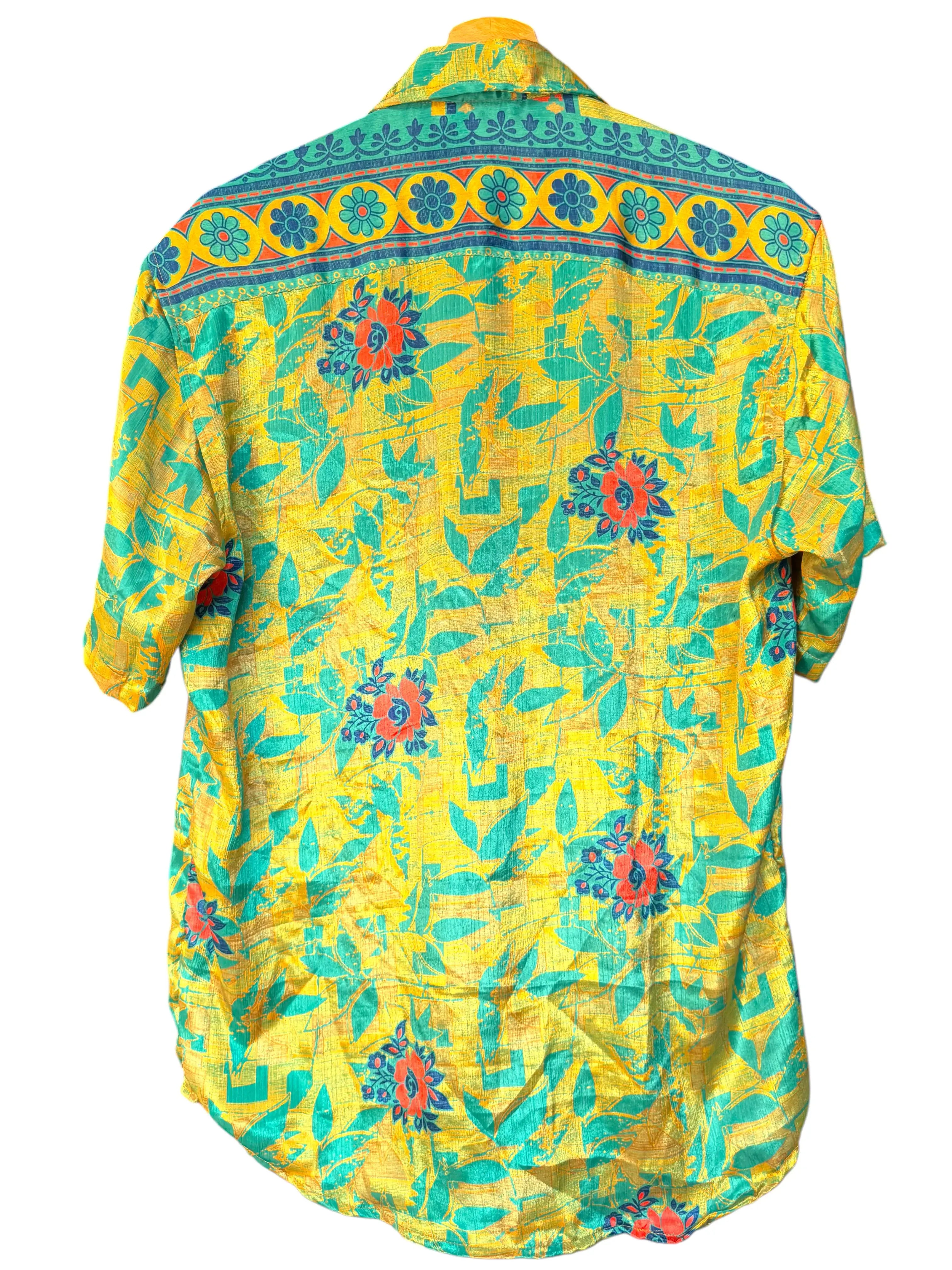 Camicia Etnica Gialla Teal - Floreale Tropicale Boho Sari - Taglia L