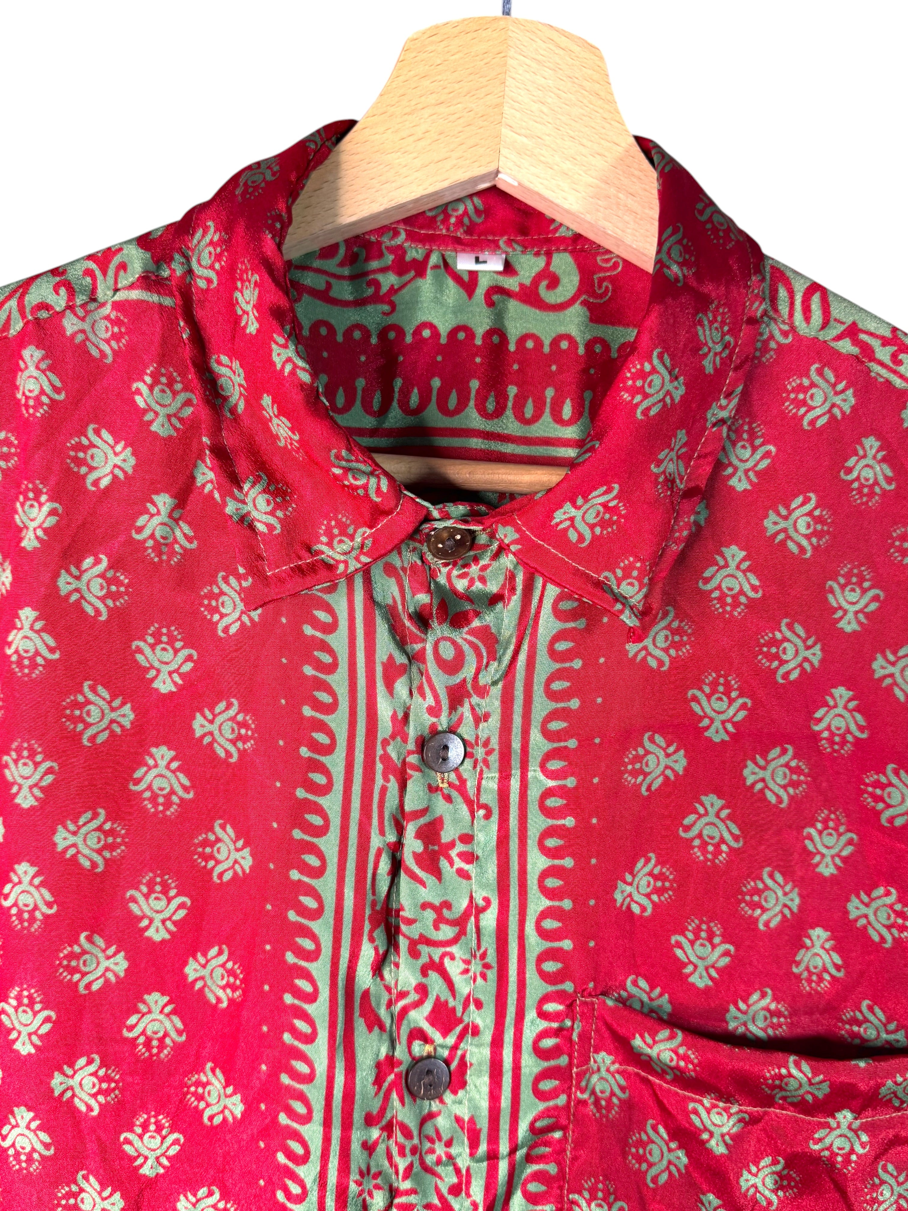 Camicia Sari Etnica Rosso Verde Salvia Floreale Unisex - Taglia L