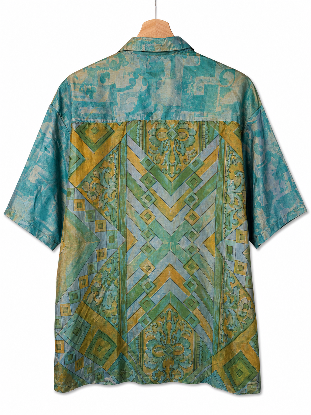 Camicia in Seta Sari Verde Smeraldo Geometrica Barocca - Taglia M