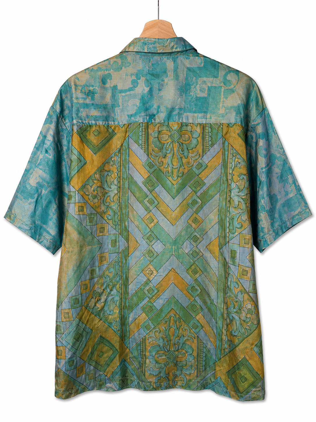 Camicia in Seta Sari Verde Smeraldo Geometrica Barocca - Taglia M