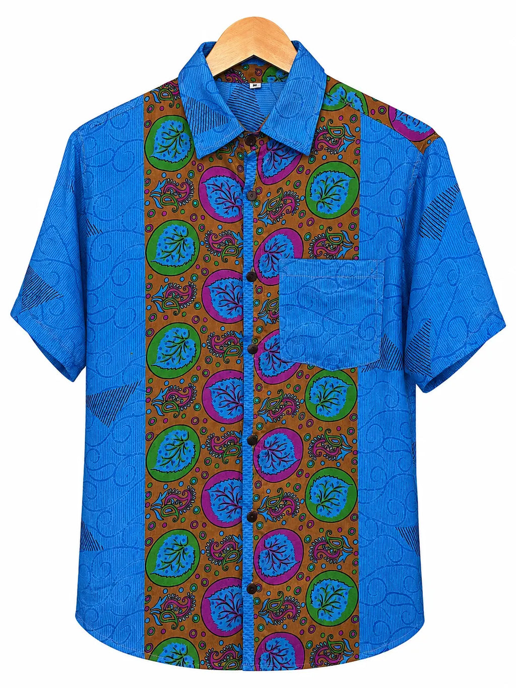Camicia Sari Etnica Blu Elettrico Medaglioni Ocra Unisex - Taglia M