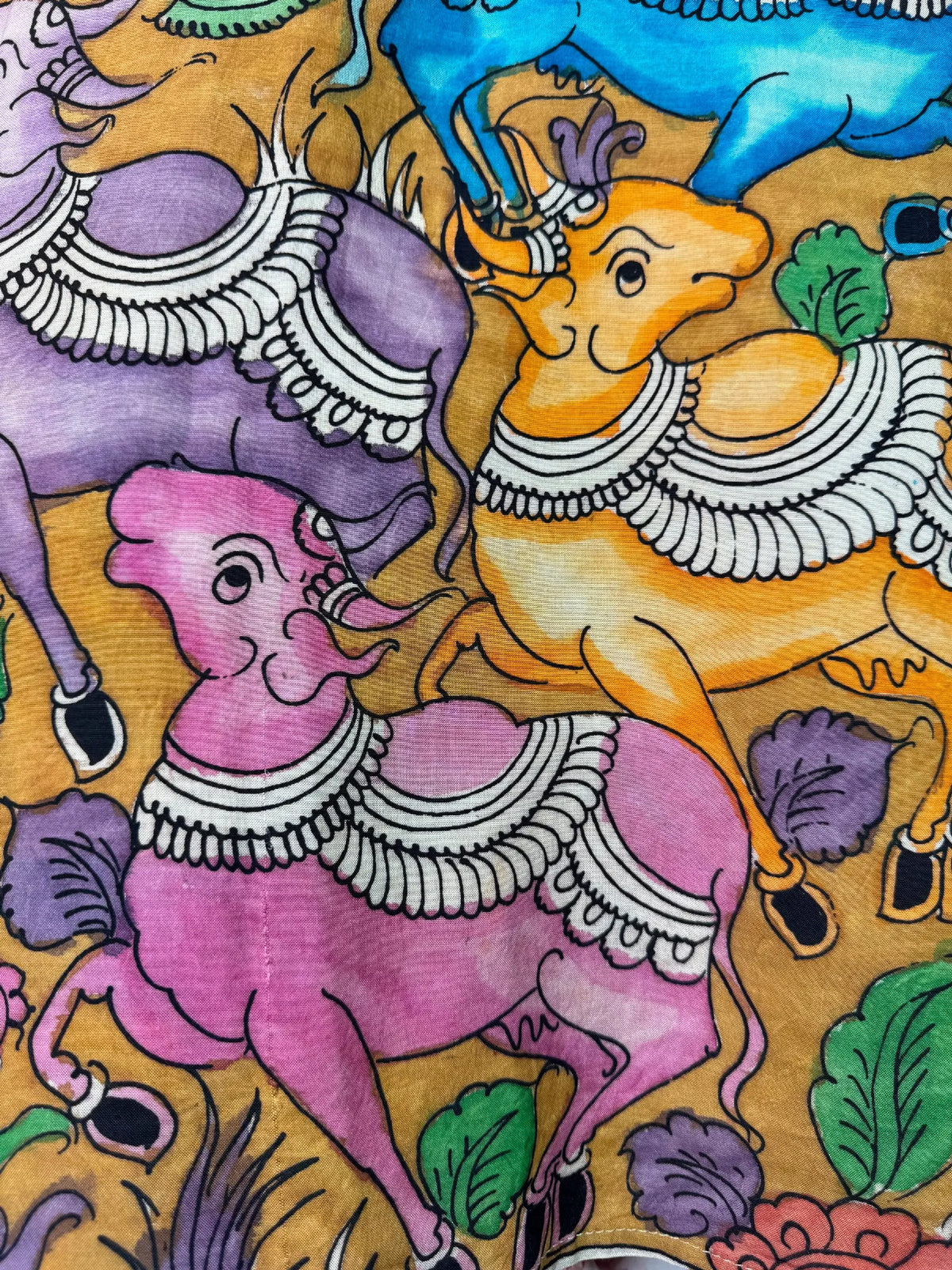 Camicia Etnica Seta Tussar Kalamkari Krishna e Vacche - L