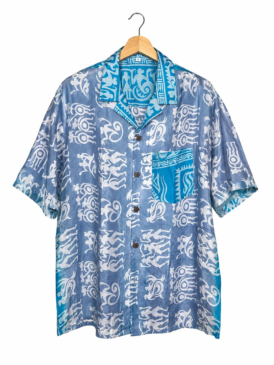 Camicia Etnica in Seta Sari Figure Tribali Blu - Taglia S