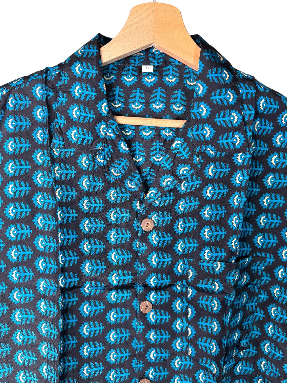 Camicia in Seta Sari Block Print Botanico Blu e Nero Unisex - Taglia S
