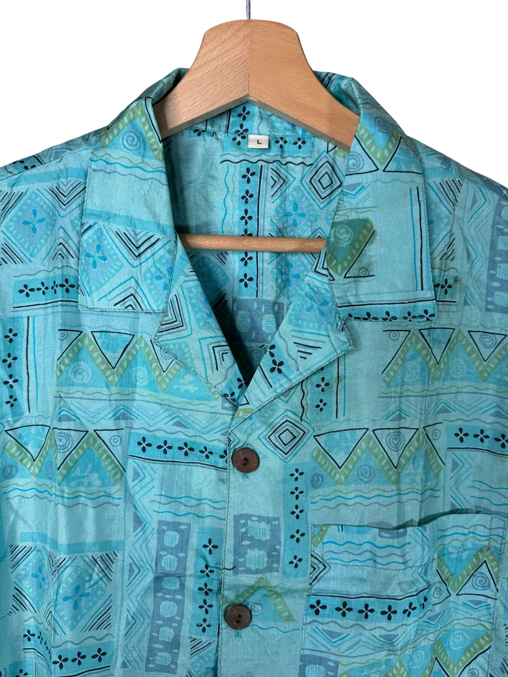 Camicia in Seta Sari Etnica Turchese Geometrica Unisex - Taglia L