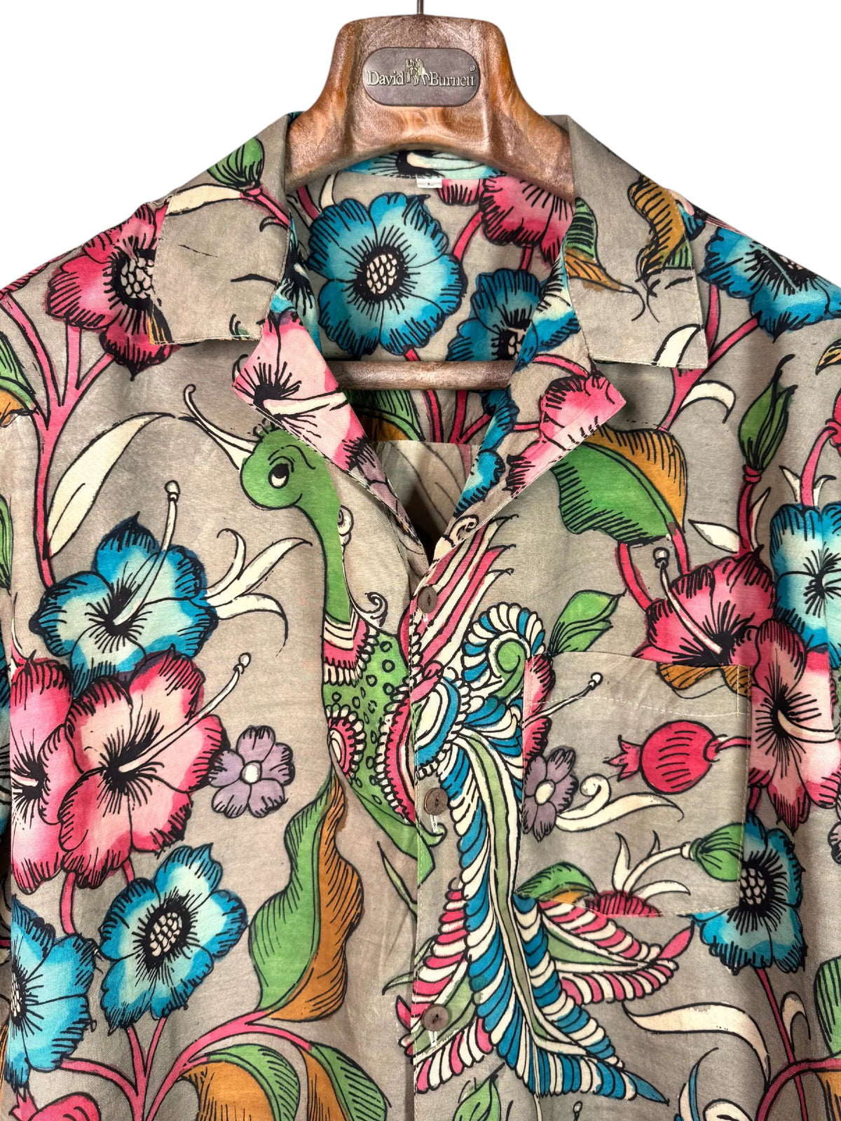 Camicia Etnica Seta Tussar Kalamkari Fiori e Fenice - Tg L