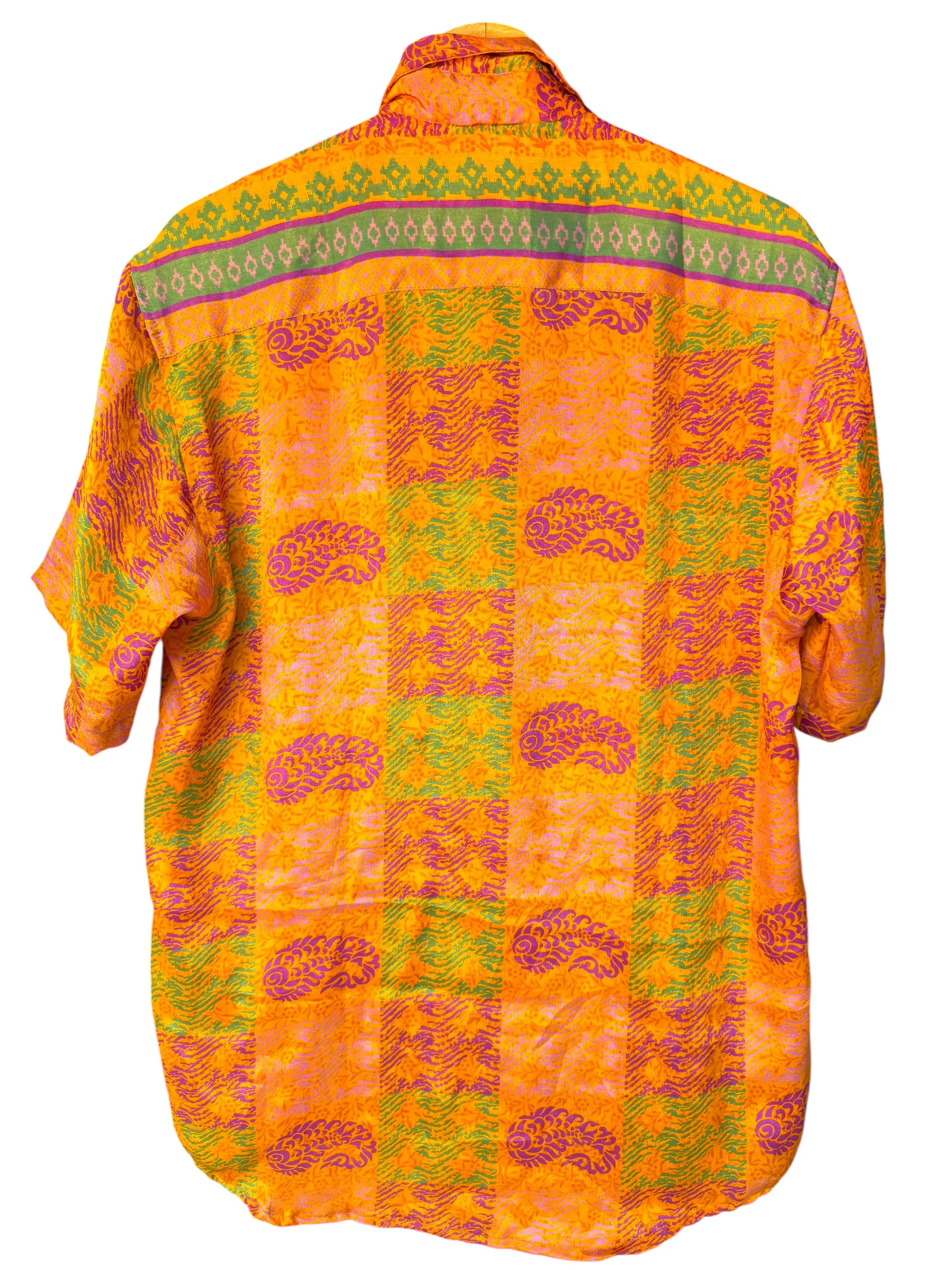 Camicia Etnica Arancio Viola Verde - Paisley Boho Sari - Taglia L