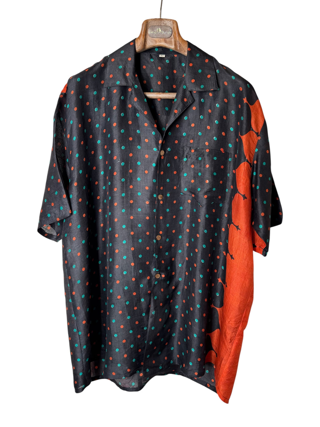 Camicia Etnica in Seta Sari Vintage Pois Nero Arancio - Taglia L