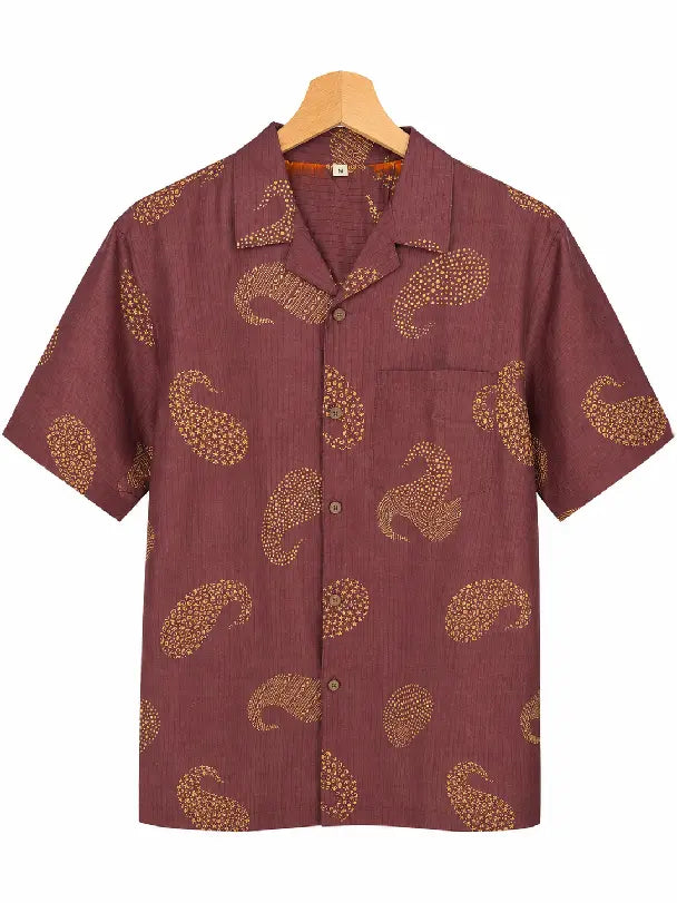 Camicia in Seta Sari Maxi Paisley Bordeaux e Oro Unisex - Taglia M