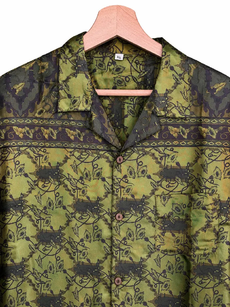 Camicia in Seta Sari Cangiante Verde Oro Floreale Unisex - Taglia XL