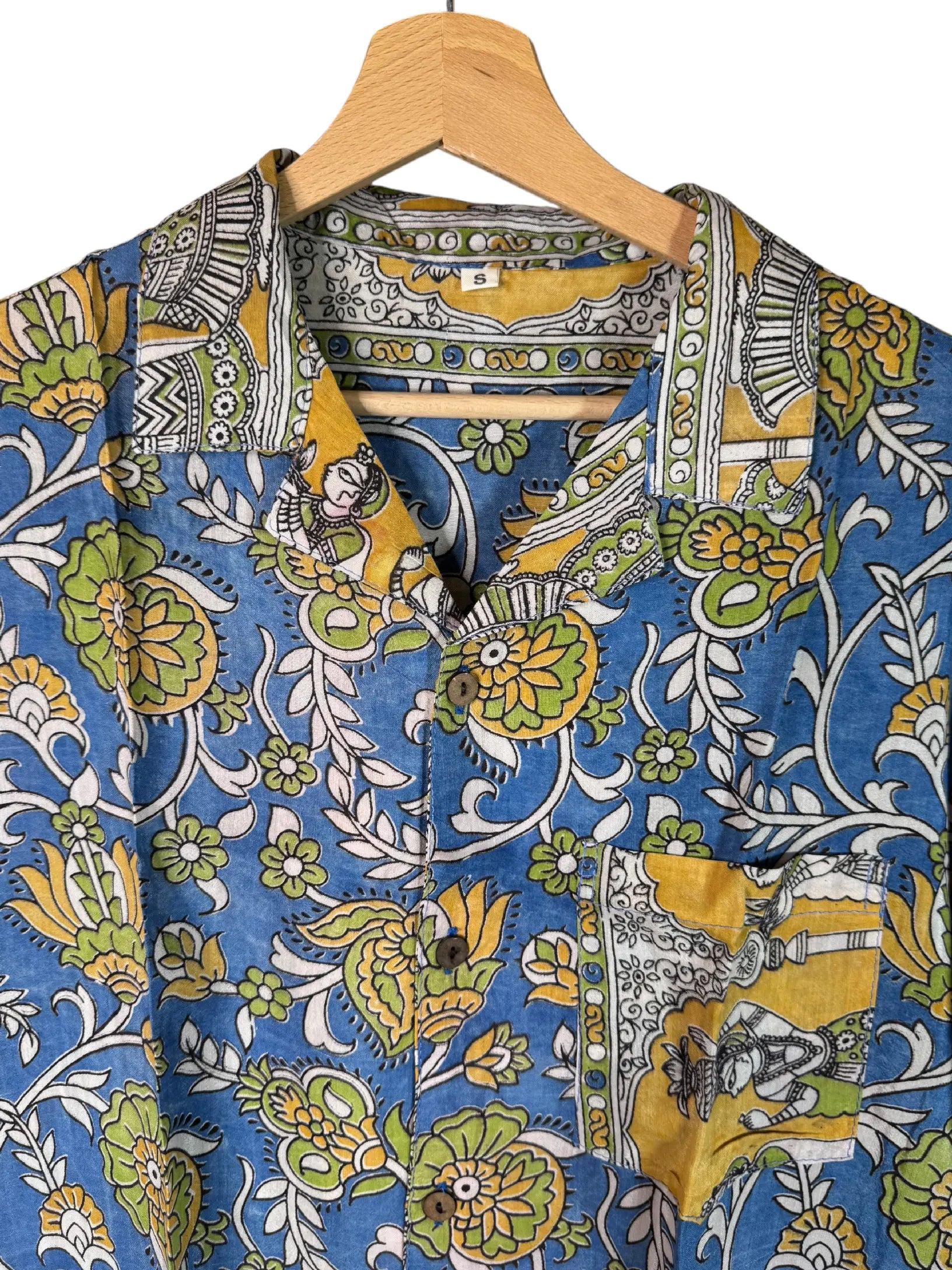 Camicia Etnica Sari Block Print Blu Giallo Floreale - Taglia S CAMICIE PARTICOLARI