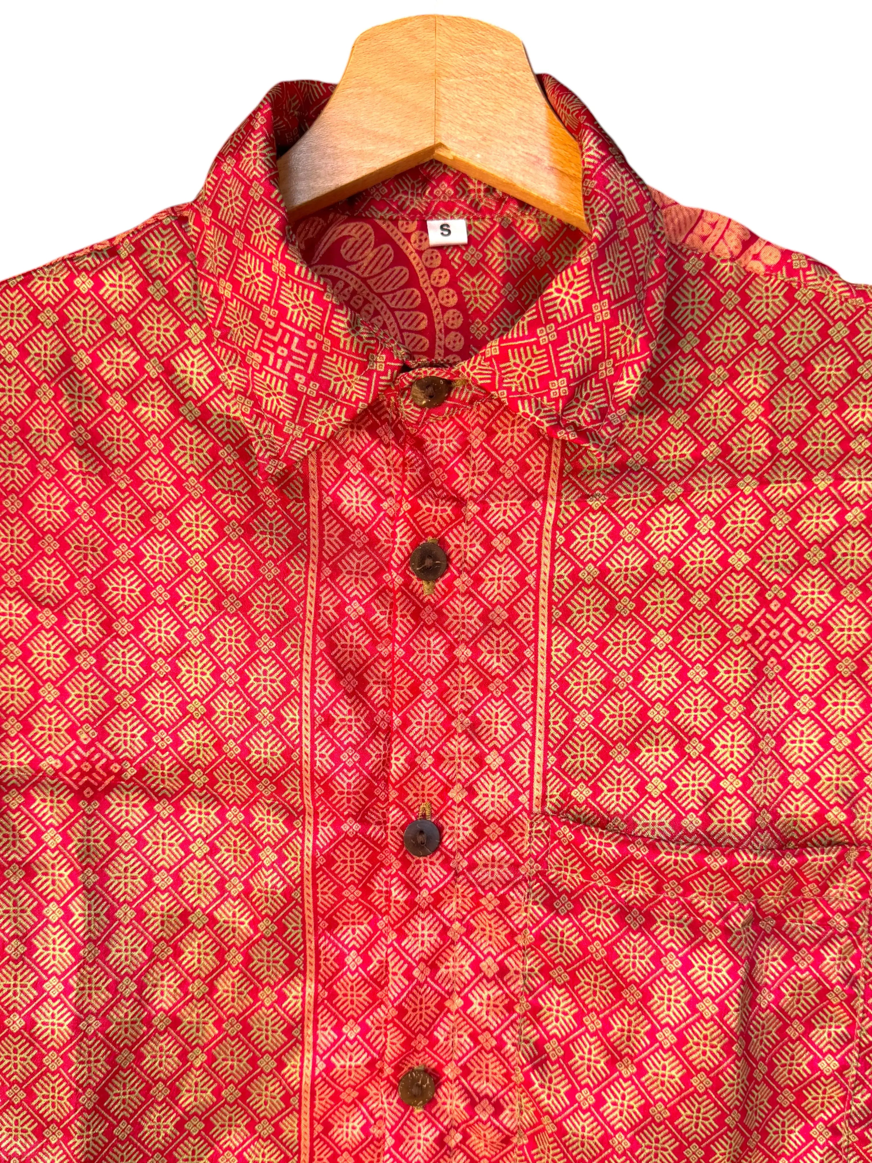 Camicia Vintage Rossa Oro Fantasia Etnica Boho - Taglia S