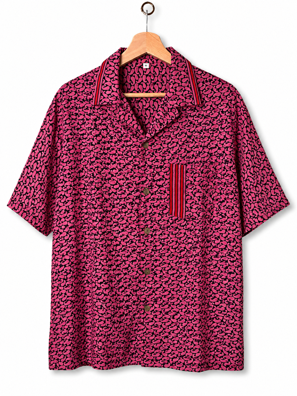 Camicia in Seta Sari Paisley Fucsia Nero Righe Rosse Unisex - Taglia M