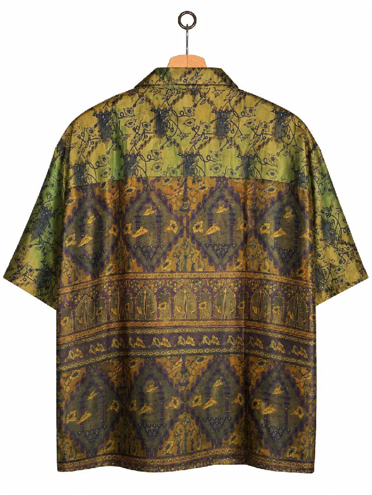 Camicia in Seta Sari Cangiante Verde Oro Floreale Unisex - Taglia XL