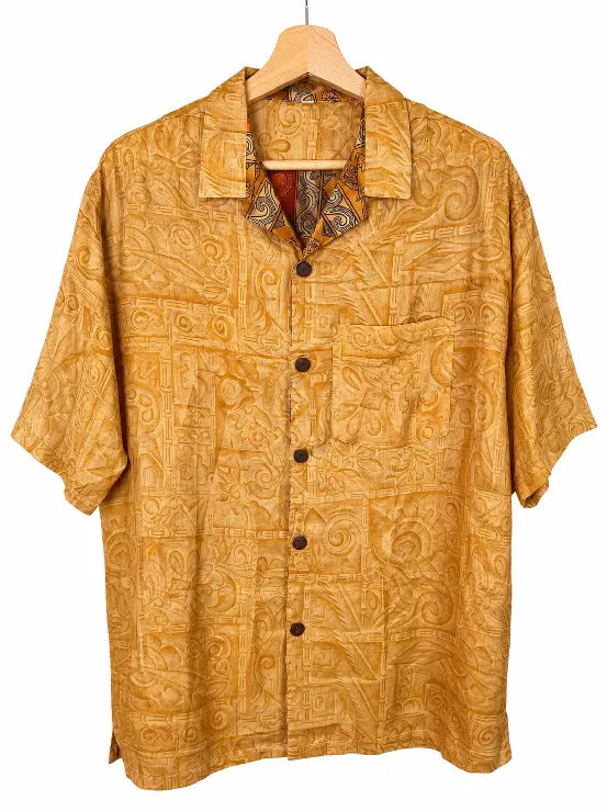Camicia in Seta Sari Tribale Tono su Tono Ocra e Arancio - Taglia M