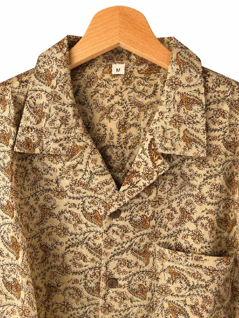 Camicia in Seta Sari Paisley Avorio e Ambra Unisex - Taglia M