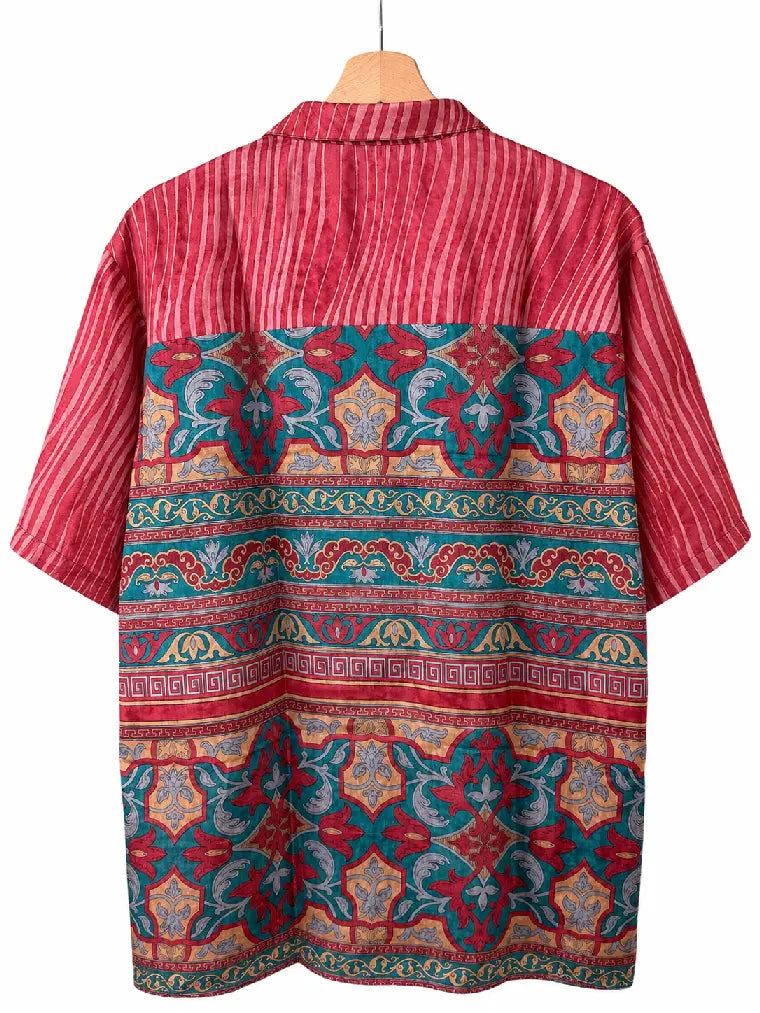 Camicia in Seta Sari Righe e Bordure Cerimoniali Fucsia - Taglia L